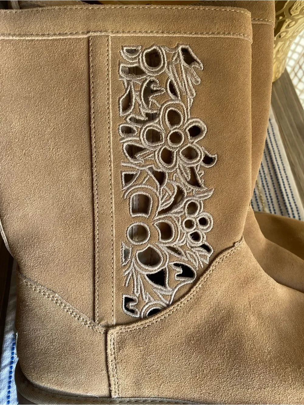 Women’s Suede Mid-Calf Boot with Floral Cutout Tan Sz 11 NWT